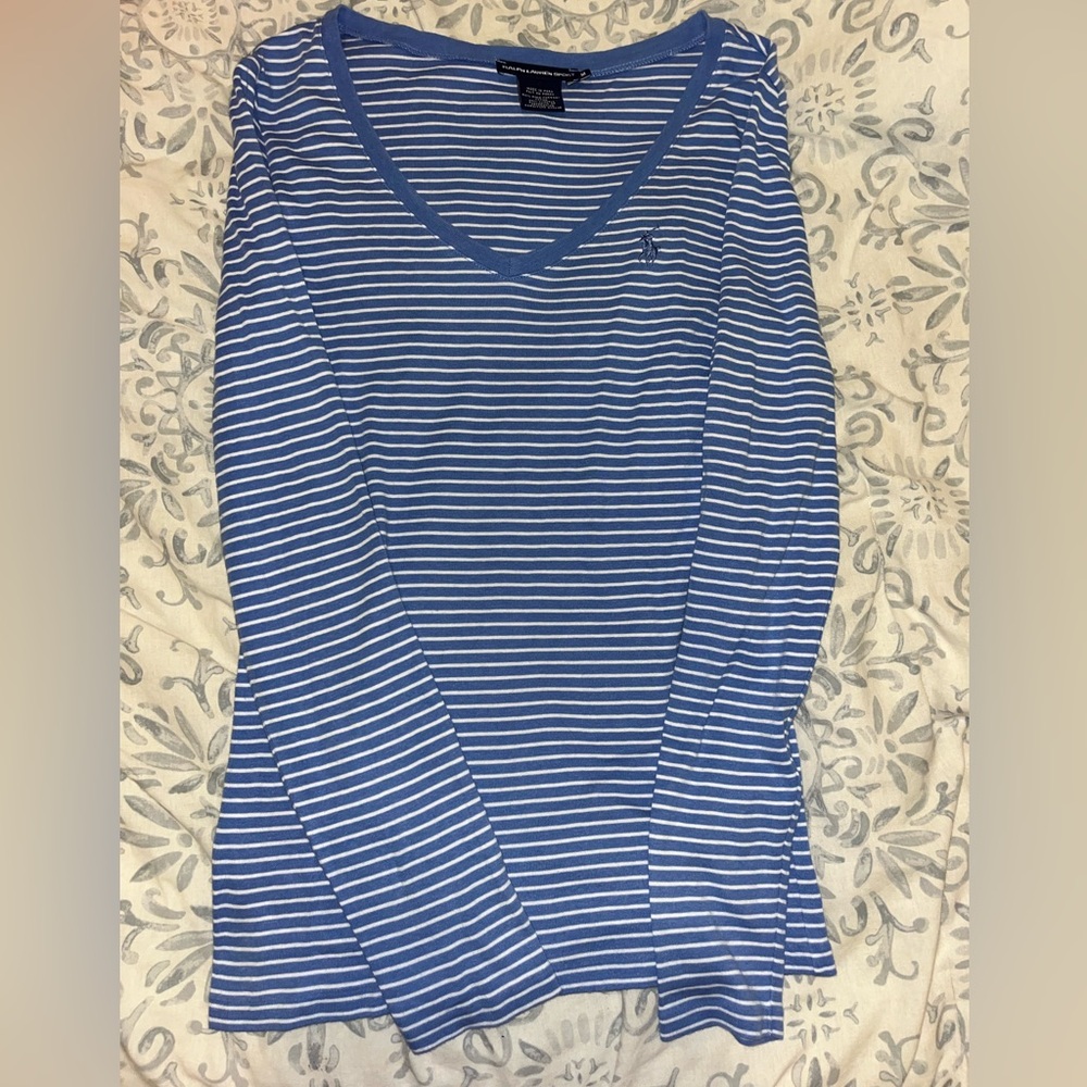 Ralph Lauren Sport Blue and White Striped Long Sleeve Top – Size Medium